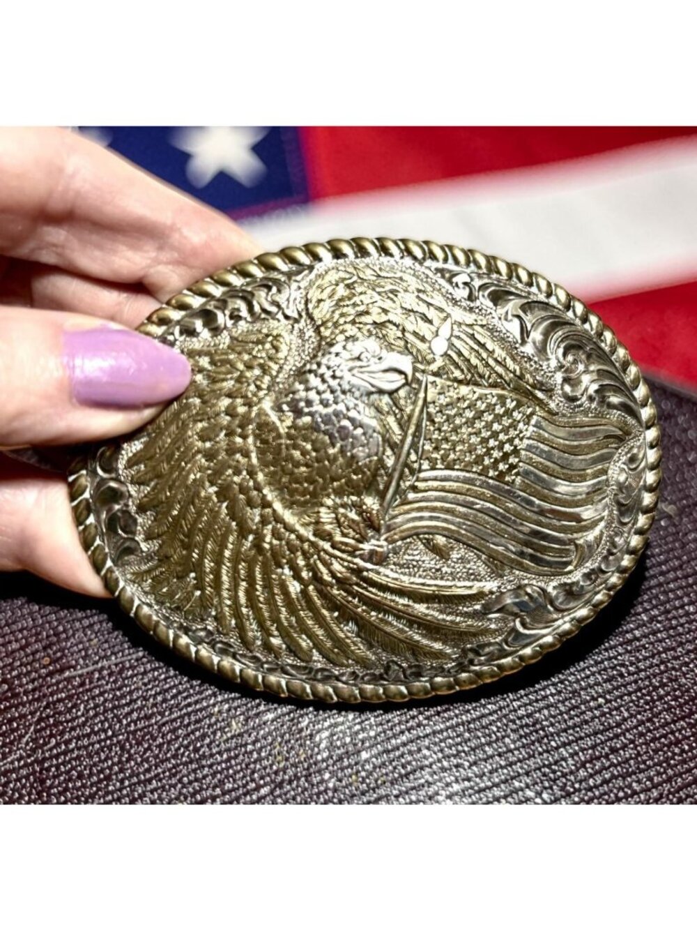 Vintage Crumrine Eagle Belt Buckle American Flag Heavy Silver Plate on Bronze We - Picture 7 of 8